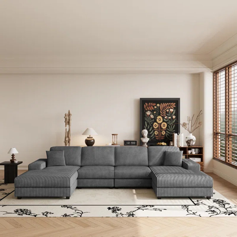 Canapé convertible en forme de U avec accoudoirs carrés et compartiments de rangement intégrés, Velours côtelé gris foncé