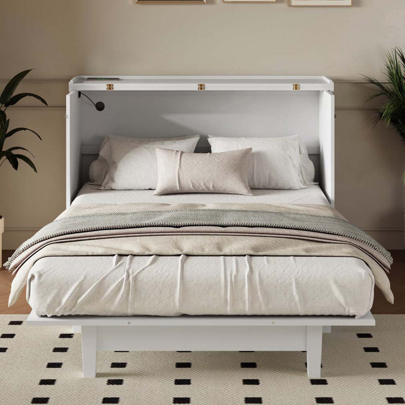 Armoire-lit avec commode en pin massif avec station de charge, Blanc, Grand