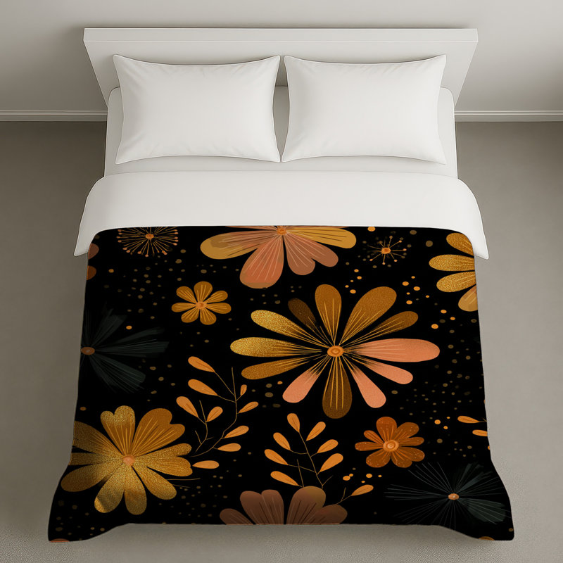 Housse de couette Floral Bedding, Housse de couette pour lit simple, Motif floral noir / orange