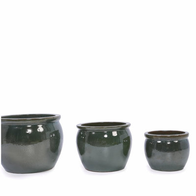 Handmade Dark Green Glazed Ceramic Planter Set of 3, 15/12/9 Inch Diameter, Solid Glossy Finish, for Succulents & Herbs Outdoor Garden & Indoor Staircase Use, Breathable Clay with Drainage Holes