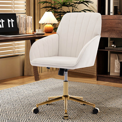 Chaise de bureau Ty avec housse en velours - ergonomique, pivotante, réglable, base dorée, velours beige, robuste
