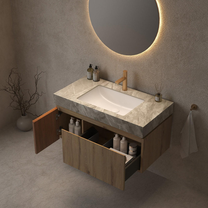 Meuble-lavabo mural simple 36 po avec lavabo, Chêne blanc, Gris clair, 36"