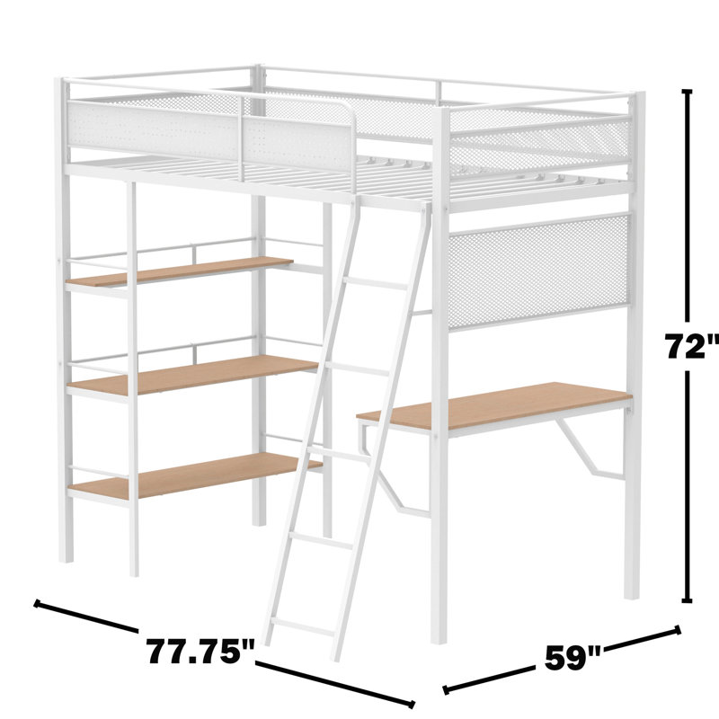 Lit mezzanine simple blanc mat, 3 tablettes de rangement, poste de travail intégré, système de lattes en métal, lit de taille verticale, tablettes ouvertes, métal blanc, panneaux en filet