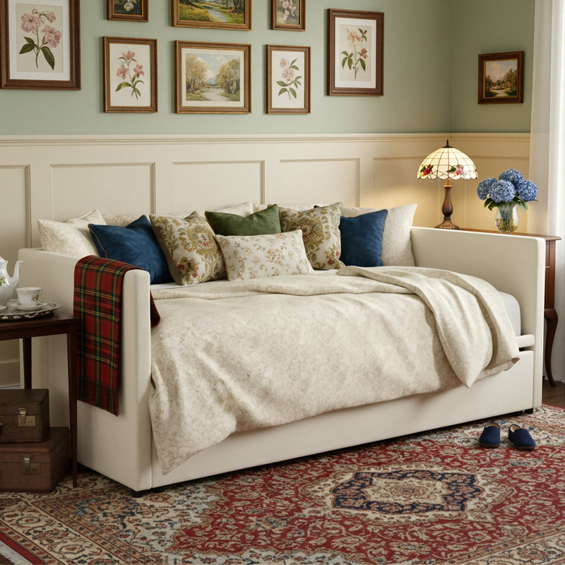 Upholstered Extendable Daybed With Pop-Up Trundle, 2-In-1 Sofa Bed Converts To Double, Beige Velvet