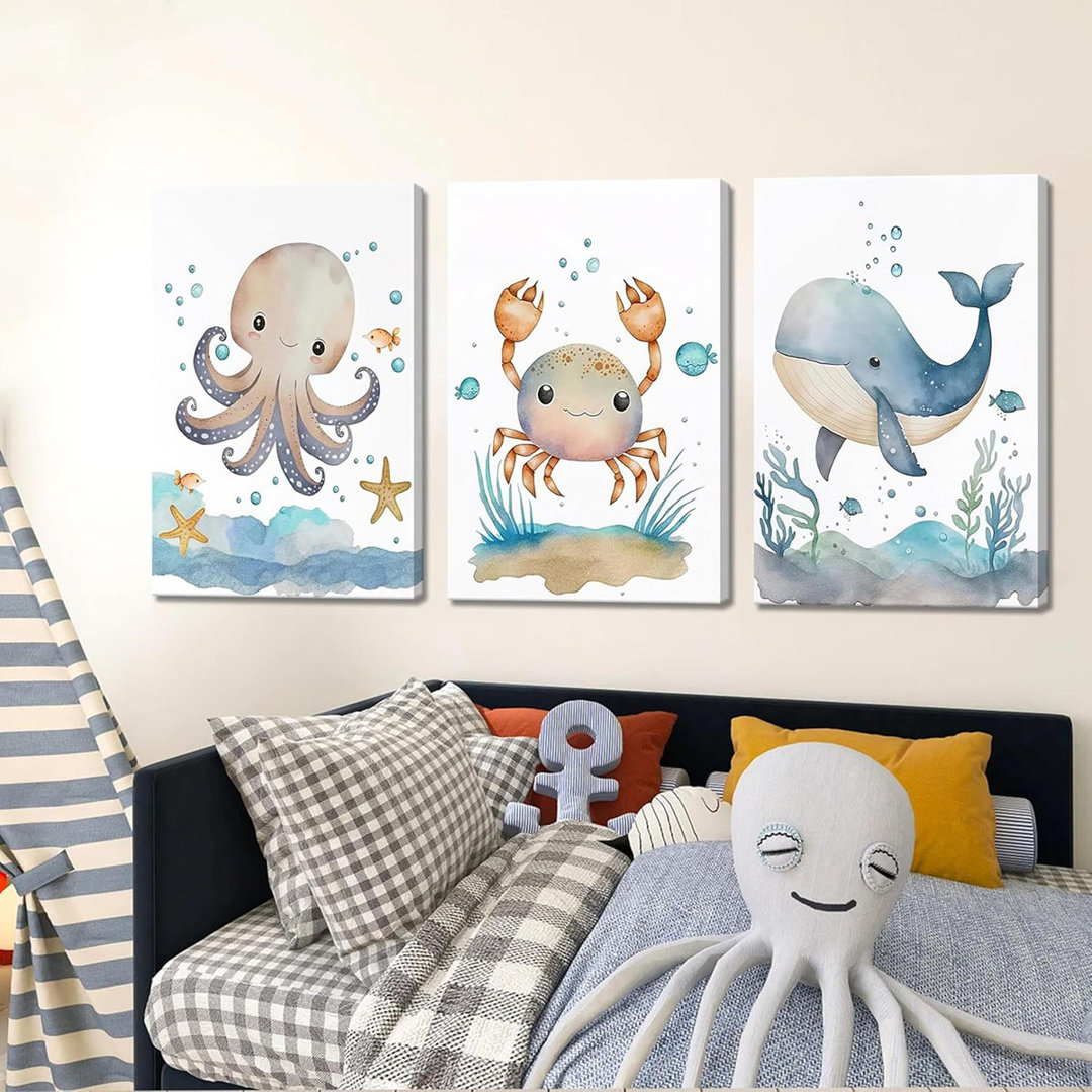 Ocean Nursery Wall Art Set Of 3, Sea Animal Baby Boys Room Canvas Wall Decor Paintings, Watercolor Ocean Kids Nursery Posters Prints Pictures For Boys