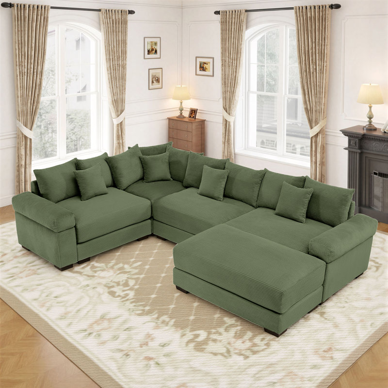 116.9" Corduroy Sectional Corner Sofa 5 Piece Oversized Modular Deep Seat Cloud Couch With Upholstered Movable Ottoman