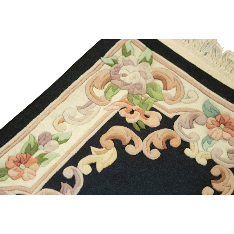 Tapis noir et bleu clair de haute qualité noué à la main