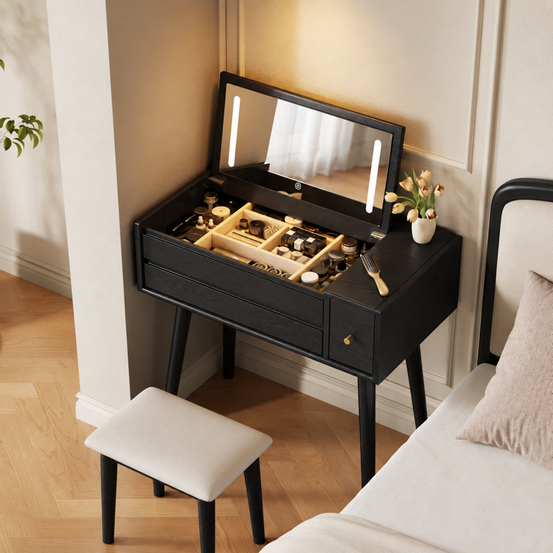 Coiffeuse Anita en bois massif avec miroir rabattable et modes d'éclairage, L 31,4 po, Noir