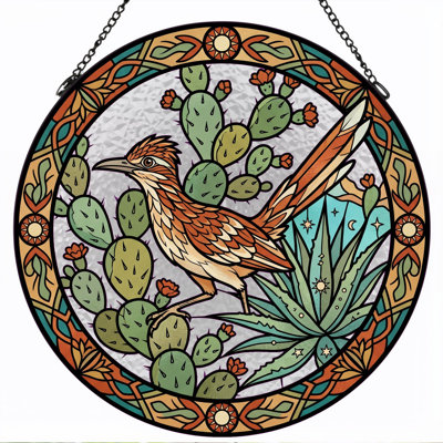 Roadrunner Cactus Stained Glass Window Panel，7.8H