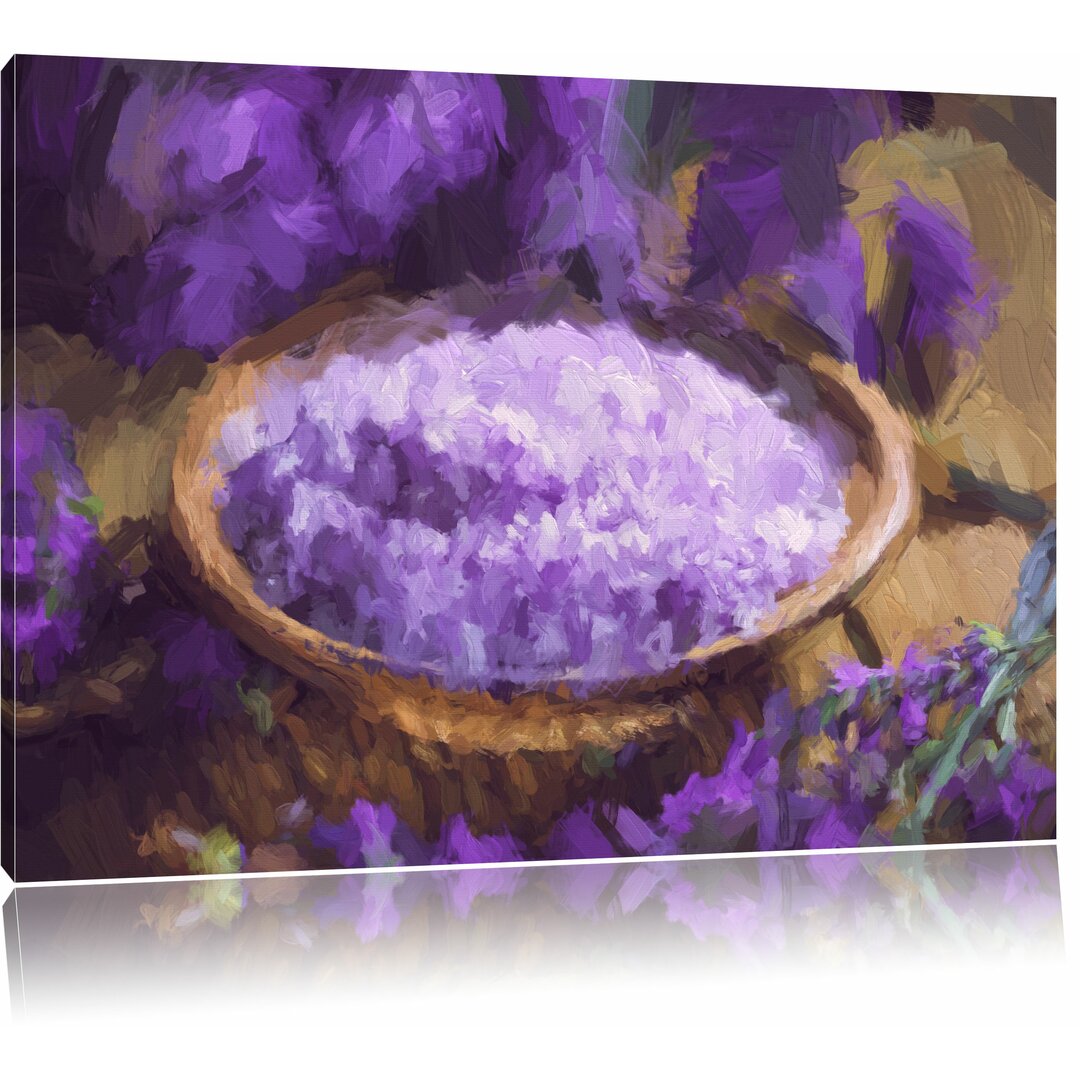 Leinwandbild "Violettes Badesalz auf Holzuntergrund", Grafikdruck