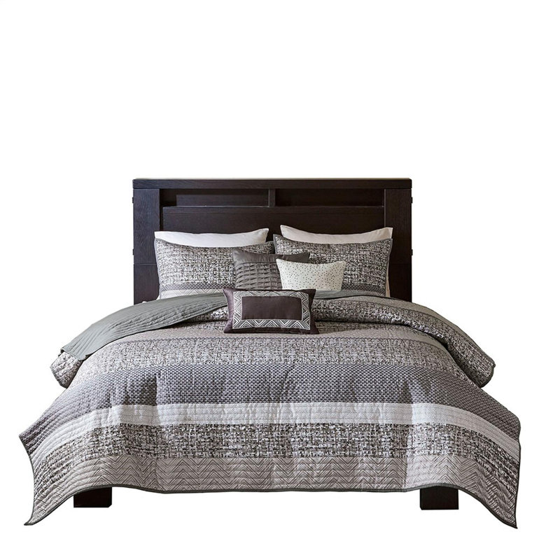 Polyester Jacquard Reversible Quilt Set of 6, King Quilt + 5 Additional Pieces, Gray;Taupe