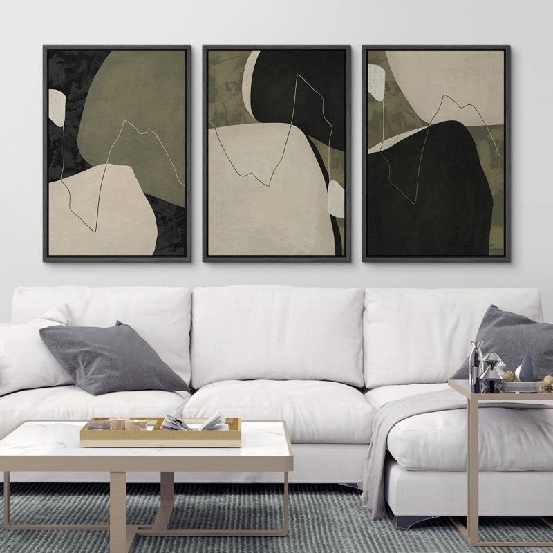 «Mid Century Modern Green Color Block Shapes Abstract Art Decor Chic Room Office», 3 pièces, Noir, H 36 po x l 24 po