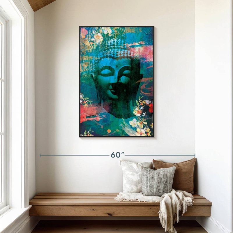 Tête de Bouddha fleurie I, Cadre flottant noir, 29 po x 43 po
