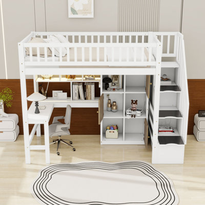 Lit mezzanine simple en bois avec tablettes, bureau, lumières DEL et escalier de rangement