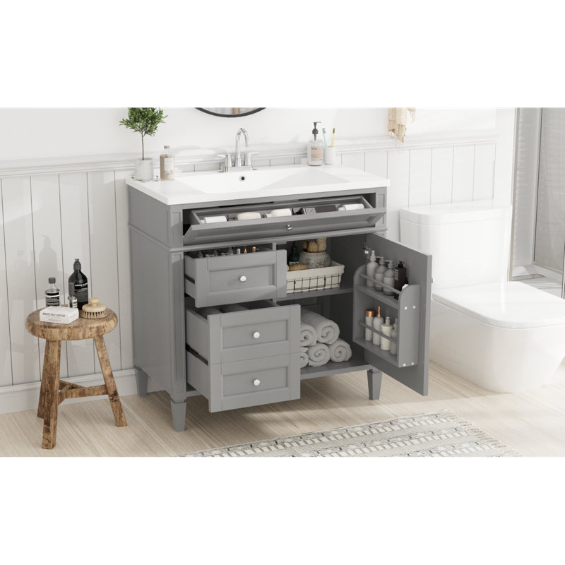 Meuble-lavabo moderne avec lavabo, 2 tiroirs, tiroir basculant et rangement spacieux, conception en bois massif gris