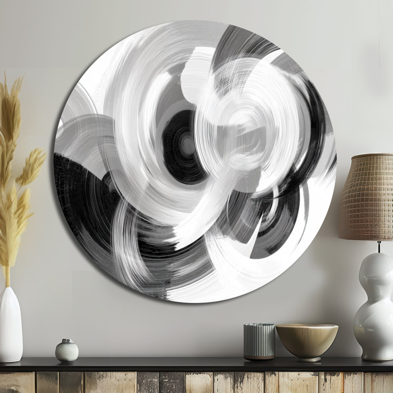 Encre blanche et noire - Spirale abstraite, art mural rond en métal, L 29 po x H 29 po