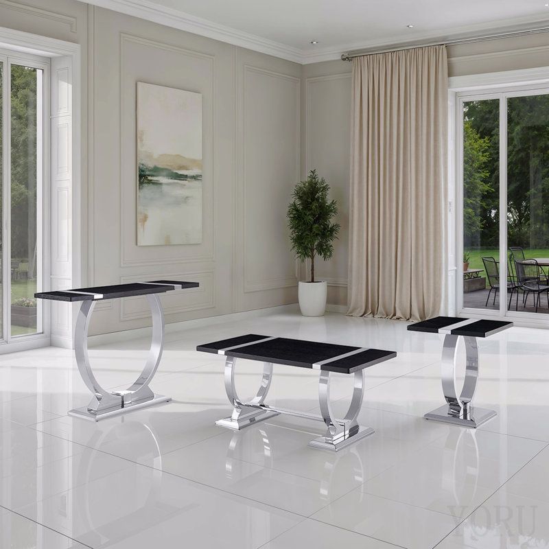 Ensemble de salon de luxe de style contemporain 3 pièces, 1 table basse, 1 table de bout, 1 table de canapé, base en tréteaux, finition noire et argentée