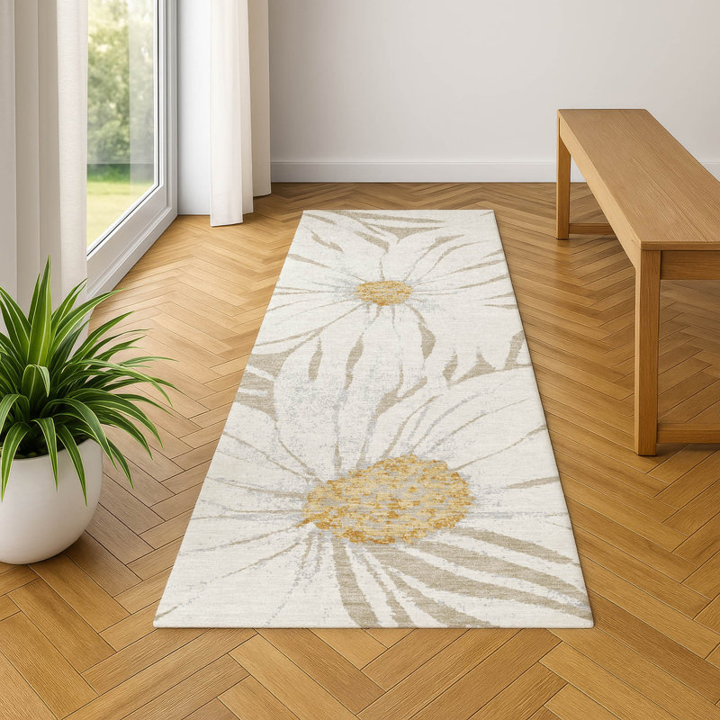 Premium Machine Washable Mayfield AMF2263 Floral Rug, 2'3" x 7'6" Runner, Beige