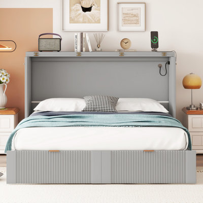 Full Size Bed In Gray With Sockets - Pulley System Drawer & Ports For Home Use Drawer, Design Ideal Space Saving Office Guestroom