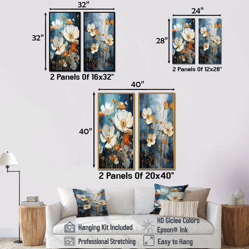«Blue and White Buttercups Collage - Buttercups», ensemble de 2 reproductions d'art mural, Toile tendue, H 40 po x l 41 po