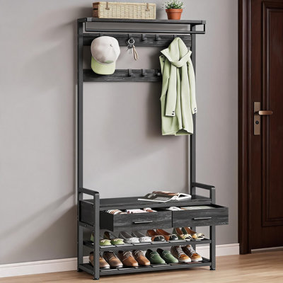 Lime-Black Foyer Coat Rack With Built-In Shoe Bench And Cabinet, Two Fabric Drawers And Ten Hooks, Measuring 11.6×31.8×71.6 Inches.
