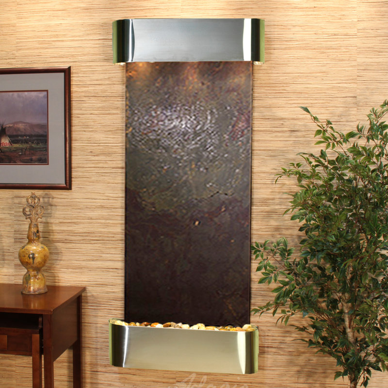 Inspiration Falls Natural Stone Fountain with Light, Multi-Color Feather, Stainless Steel