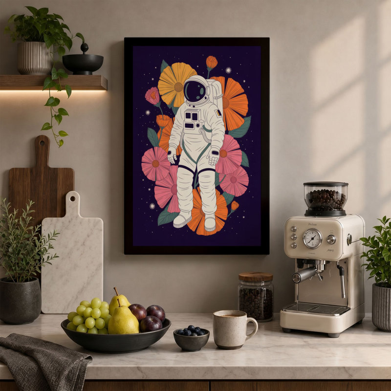 Astronaut Among Blooms Modern - Wrapped Canvas, 24x16 - 61.0 x 40.6 cm, Cream Border
