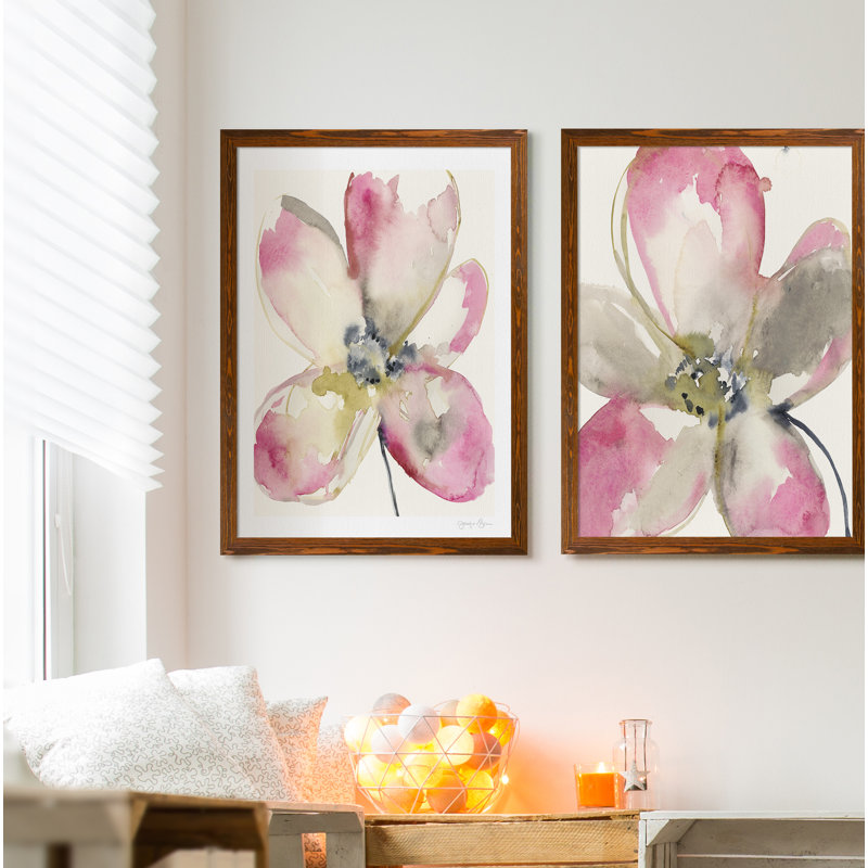 Magenta pétales I, ensemble de 2 reproductions d’art encadrées, H 24 po x l 18 po x P 1,25 po, Toile avec encadrement ébène