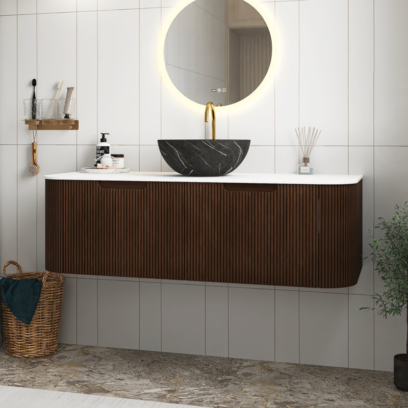 Meuble-lavabo de 48 po de couleur noyer foncé avec lavabo, armoire de rangement murale à bords arrondis flottants et rayés avec 2 tiroirs, vasque en céramique noire avec motif en pierre, pré-assemblée
