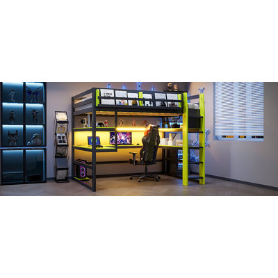 Lit mezzanine double en bois avec bureau, support de rangement latéral, tablettes multiples et lumière RVB, vert