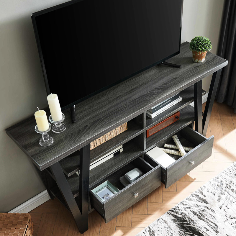 Meuble télé haut avec 2 tiroirs et tablette, gris/noir, tablettes sur pied grises et noires de 60 à 69 pouces, tressage