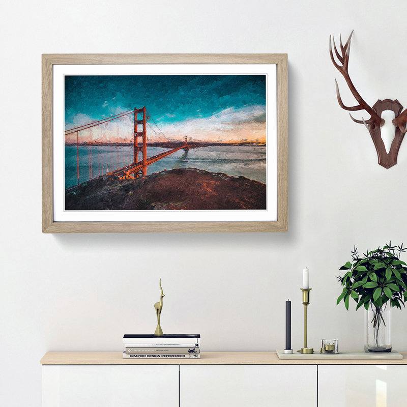 The Golden Gate Bridge in San Francisco Bay - Picture Frame Painting Print, 27cm H x 36cm W x 2cm D, Oak Framed