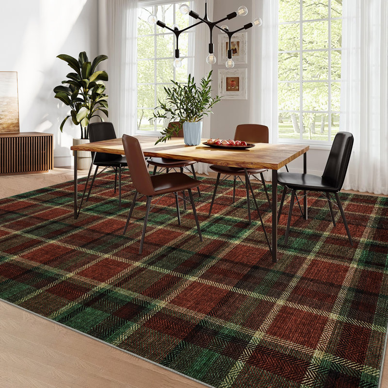 Washable Checkered Area Rug - Modern Plaid Carpet, Non-Slip & mark Resistant, Low Pile for Living Room, Bedroom, Nursery - Grey & Blue Farmhouse Style, Christmas Decor