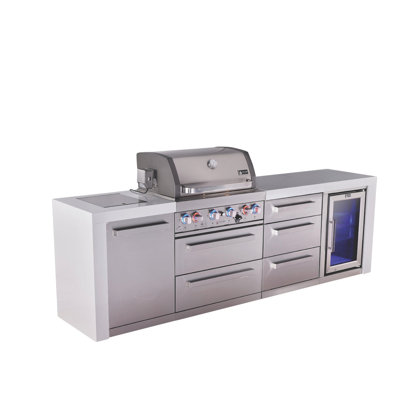 Mont Alpi Deluxe 107"W x 23"D x 46"H Stainless Steel Outdoor Kitchen Island with Refrigerator + 32"W 4-Burner BBQ Gas Grill + Side Burner + Granite Countertops + Storage + Chopping Board + Rotisserie + Cover + Natural Gas Convertible + Lifetime Warranty