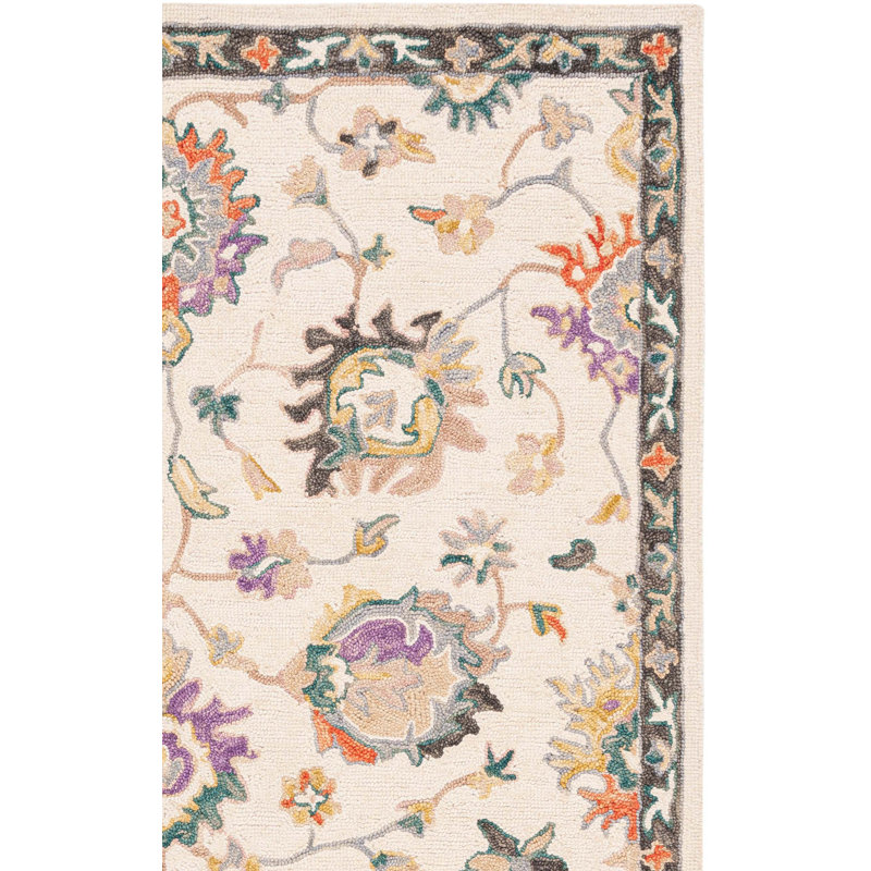 Tapis floral beige / lavande touffeté en laine / coton Darricka, Tapis de couloir 2 pi 3 po x 8 pi