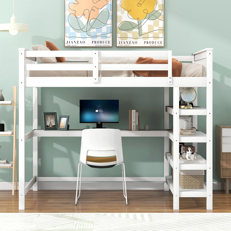 Lit mezzanine double avec tablettes de rangement et bureau sous le lit, blanc