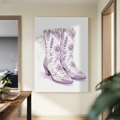 “Lavender Cowgirl” Wrapped Canvas Print - Watercolor Boots & Bow Wall Art