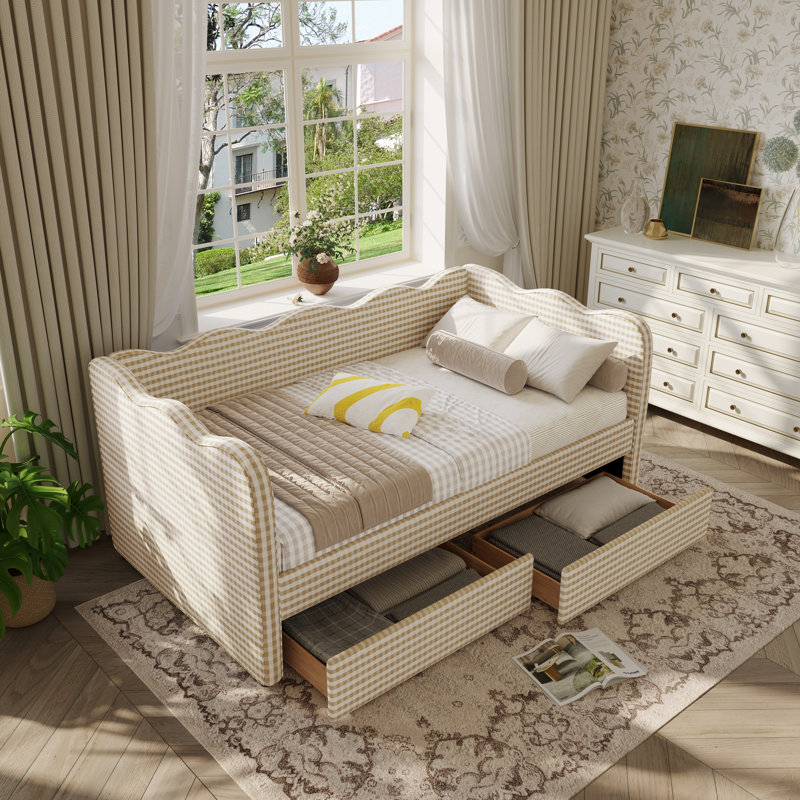 Lit de jour Gingham avec 2 tiroirs de rangement et port USB, forme ondulée, Lit simple, Brun