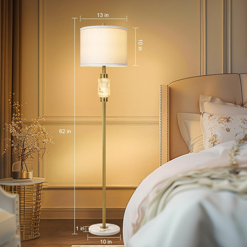 Natural Alabaster Rustic Floor Lamp With Night Light For Living Room,Marble Base Standing Lamp With White Linen Fabric Shade, Warm Gold Finish Tall Lamps For Reading, Bedroom (Bulb Included)