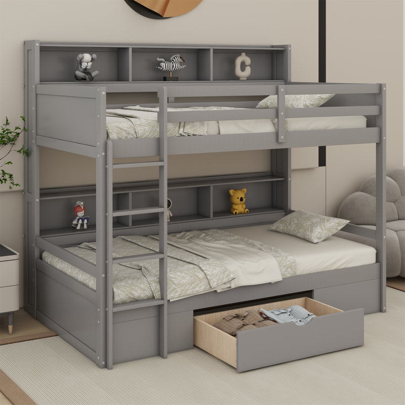 Kids Twin Bunk Bed with Drawers, Gray