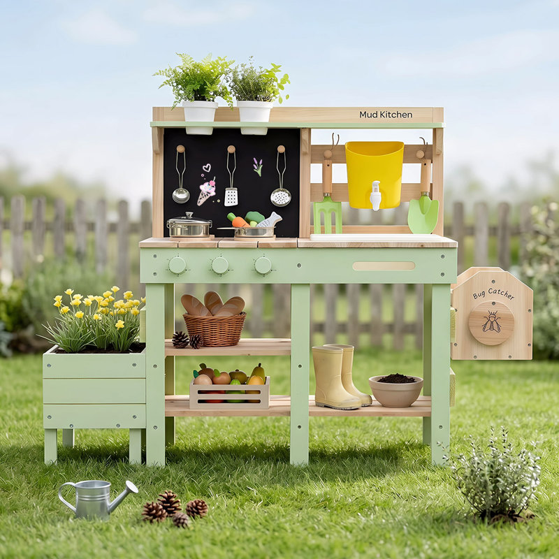 Kids Outdoor Mud Kitchen With Water Faucet, Detachable Sink, Planter Box And Insect Observation Station, Wooden Sensory Play Kitchen With Accessories For Backyard Garden Play