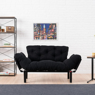 Élégant canapé-lit 2 places en tissu de microfibre noir de 61,0 x 27,6 x 27,6 pouces | Structure 100% métal, rembourrage en mousse à haute résistance, nettoyage facile | Taille du lit: 73,6 po x 27,6 po | Capacité de poids maximale: 440 lb | Parfait pour les petits espaces, le design bohémien et industriel