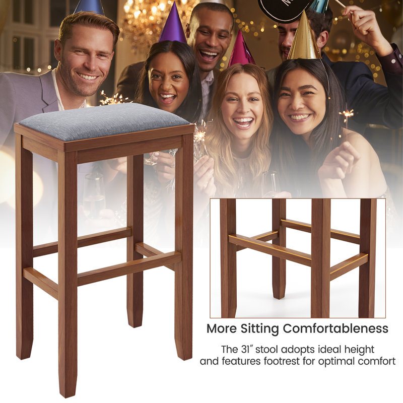 Walnut 31" Backless Upholstered Bar Stools with Gray Linen Seats