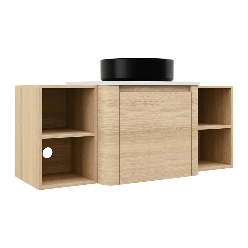 Meuble-lavabo de 48 po avec pierre blanche et lavabo artistique en céramique, 2 unités de rangement, 45 poignées à bord incliné, dalle de lavabo en contreplaqué