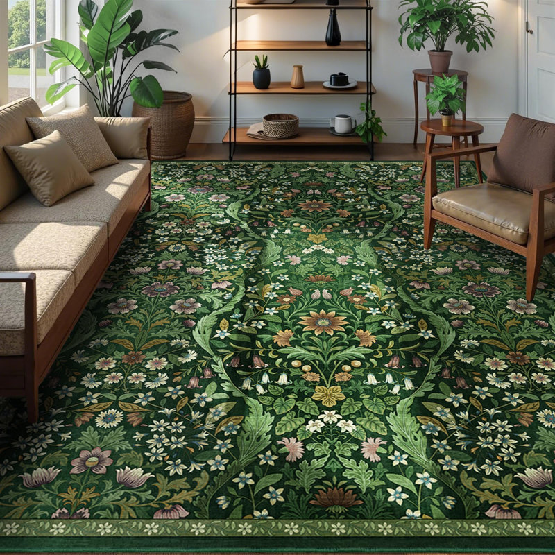 Washable Area Rug - Vintage Boho Botanical Low-Pile Rug, Rectangle 9' x 12', Dark Green