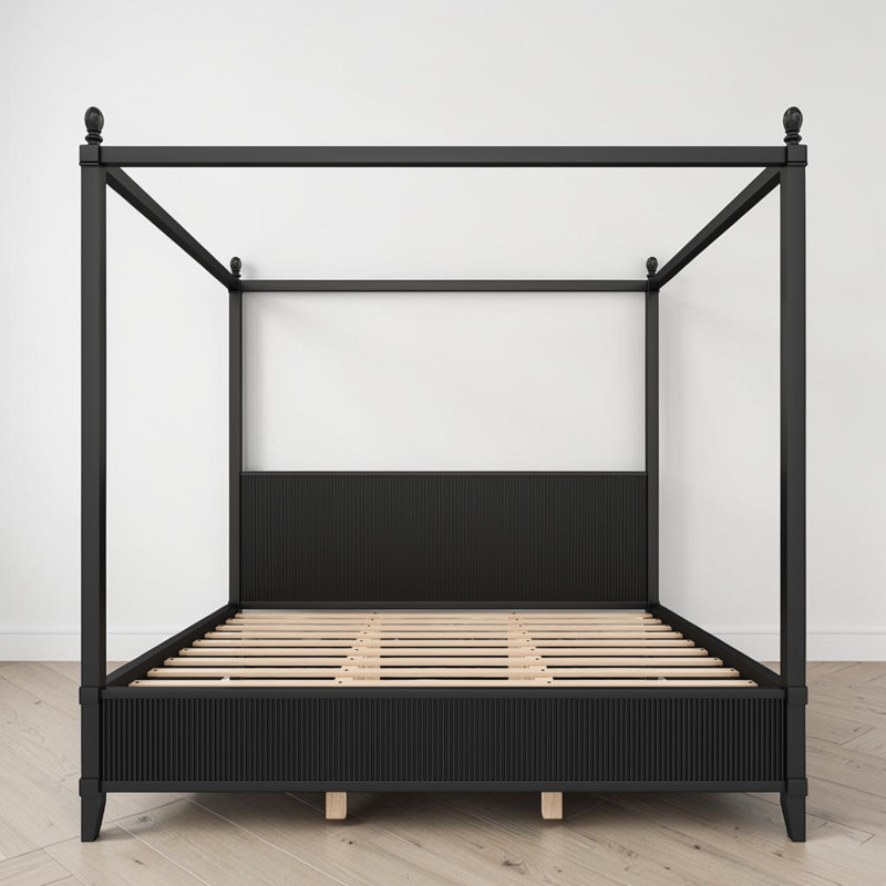 Lit plateforme à baldaquin en bois, tête et pied de lit cannelés, style moderne, chambre, Très grand lit, Noir