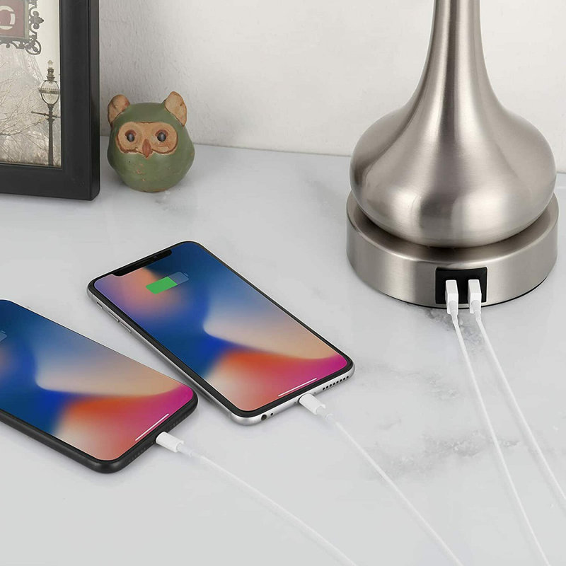 Ensemble de 2 lampes de chambre à coucher à commande tactile Trombetta pour salon avec 2 ports de chargement USB, Argent