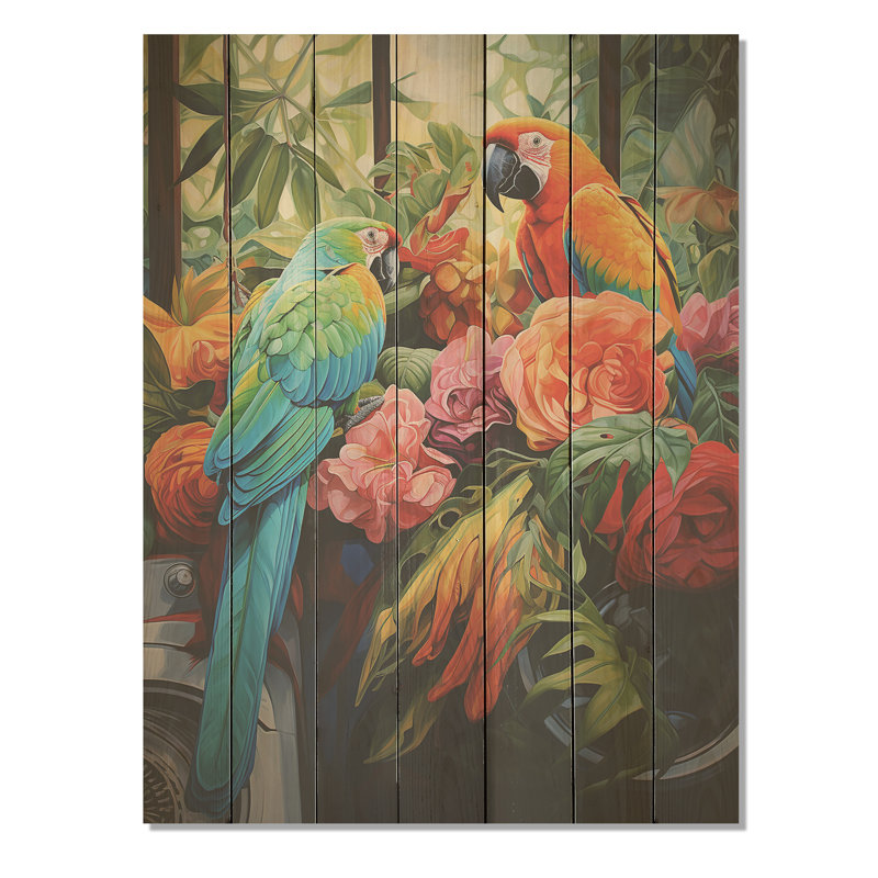 «Blue Parrot Jungle Paradise» - impression de perroquet sur bois, H 40 po x l 30 po
