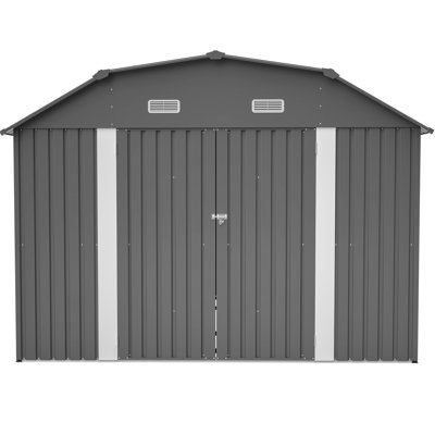 Abri de jardin robuste en acier gris de 3 x 3,6 m (10 x 12 pi), antirouille, plancher préassemblé, résistant à la neige, structure de plancher antirouille de conception intelligente, durabilité en toutes saisons, toit en forme de losange, accès facile