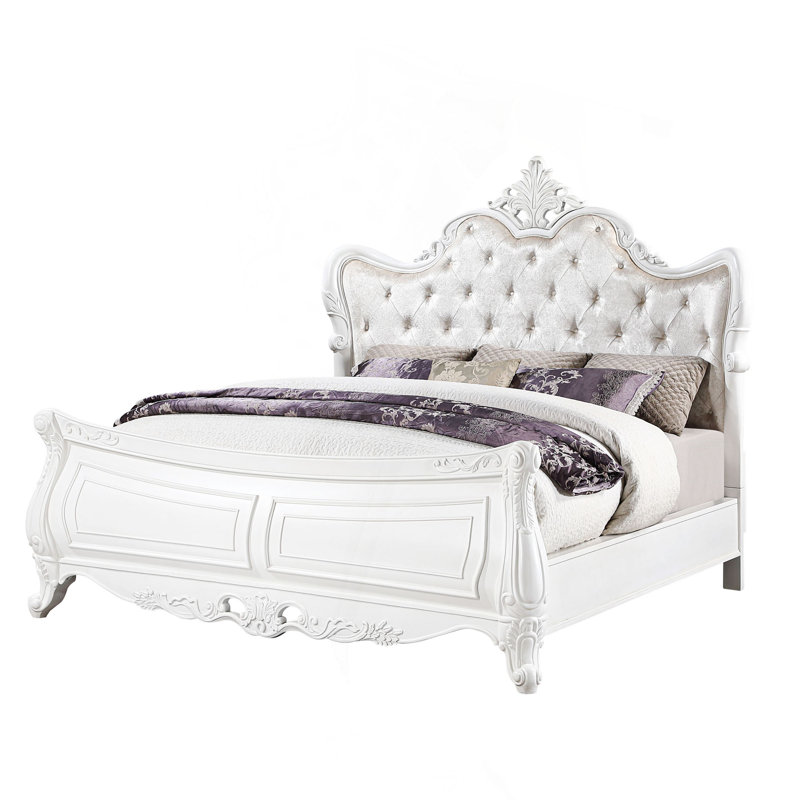 Lit de style moderne Opulence en bois blanc perle, Grand lit